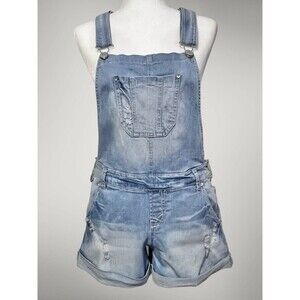 Wallflower Juniors Light Wash Distressed Denim Overall Shorts Size Medium